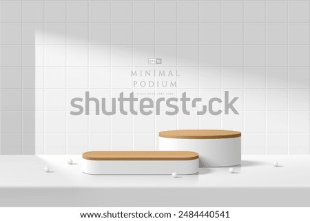 3D white product podium background in wood top with wall square tile. Abstract composition minimalist design. 3D studio display showroom cosmetic product pedestal, Fashion stage showcase mockup scene.