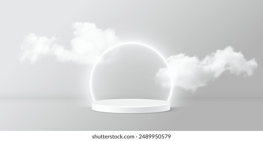 3d white product podium with circle neon shiny frame and clouds vector illustration. Abstract realistic stand pedestal of round geometric shape for luxury product presentation background.