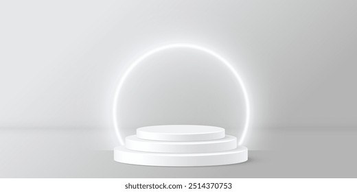 Podio de producto blanco 3D con Ilustración vectorial de marco brillante de neón circular. Abstractas pedestal de pie realista de tres Formas geométricas redondas para el fondo de presentación de productos de lujo.