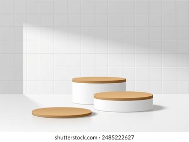 3D white product podium set background in wood top with window light. Abstract composition in minimalist design. Studio display showroom cosmetic product pedestal, Fashion stage showcase mockup scene.