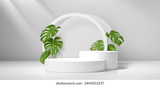 3d white product podium stage with green monstera leaves. Realistic 3d vector background with round platforms or pedestals and arches for natural cosmetic products presentation in studio, empty mockup