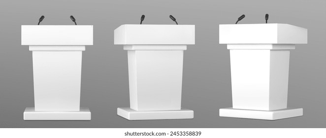 3d white pulpit speech podium with microphone. Rostrum speaker stand for conference isolated vector. Debate or lecture stage for speaking on presentation to audience front and side view illustration.