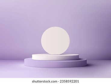 3D eines weißen und violetten Podiums mit weißem Kreis-Hintergrund auf violettem Hintergrund ist ideal für die Präsentation von Produkten oder anderen Gegenständen. Das minimalistische Design. Vektorgrafik