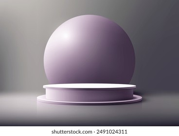 3D White and Purple Podium with Smooth Sphere Backdrop on Gray Background, Modern Style Product Display Mockup for Showroom and Showcase