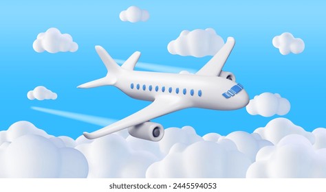 3D White Realistic Airplane in Clouds. Render Passenger or Commercial Jet Icon. Time for Travel Concept. Traveling Booking Agency and Airlines. Holiday Vacation. Vector Illustration