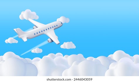 3D White Realistic Airplane in Clouds. Render Passenger or Commercial Jet Icon. Time for Travel Concept. Traveling Booking Agency and Airlines. Holiday Vacation. Vector Illustration