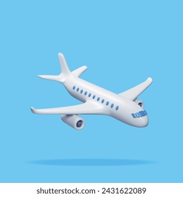 3D White Realistic Airplane Isolated on Blue Background. Render Passenger or Commercial Jet Icon. Time for Travel Concept. Traveling Booking Agency and Airlines. Holiday Vacation. Vector Illustration