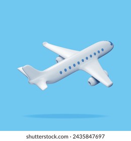 3D White Realistic Airplane Isolated on Blue Background. Render Passenger or Commercial Jet Icon. Time for Travel Concept. Traveling Booking Agency and Airlines. Holiday Vacation. Vector Illustration