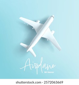 3D white realistic airplane on a turquoise background. Top view. For business concepts, travel, vacation. Sale of airplane tickets. Vector