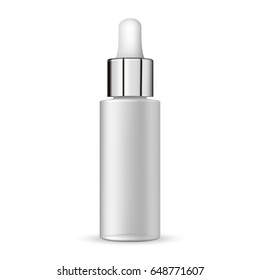 3d white realistic bottle dropper empty tube on white background vector illustration. Cosmetic flask or vial for organic aroma oil, anti-aging essential, collagen serum for beauty.