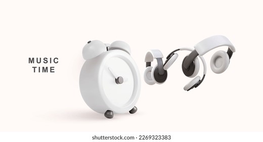 3d Reloj blanco realista y audífonos - concepto de tiempo de música. Ilustración vectorial.