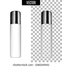 3d white realistic cosmetic package icon empty tubes on transparent and white background vector illustration. Realistic white plastic bottle for cream liquid soap, for essential oil or perfume