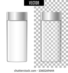 3d white realistic cosmetic package icon empty tubes on transparent and white background vector illustration. Realistic white plastic bottle for cream, liquid soap, essential oil or perfume