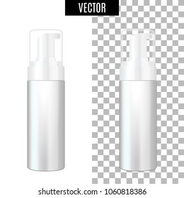 3d white realistic cosmetic package icon empty tubes on transparent background vector illustration. Realistic white plastic bottle for cream liquid soap with a pump. Realistic bottle for essential oil