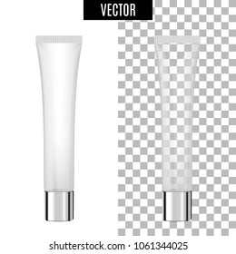 3d white realistic cosmetic package icon empty tubes on transparent and white background vector illustration. Realistic white plastic bottle for face cream, liquid, essential, oil or perfume