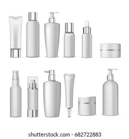 3d white realistic cosmetic package icon set empty tubes on white background vector illustration. Realistic cosmetic bottle mock up set isolated pack on white background. Cosmetic brand template.