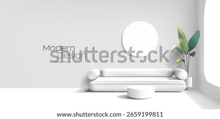3D white realistic interior, mockup. Blank round picture on the wall, white sofa, tropical plant in a pot, coffee table. Vector illustration.