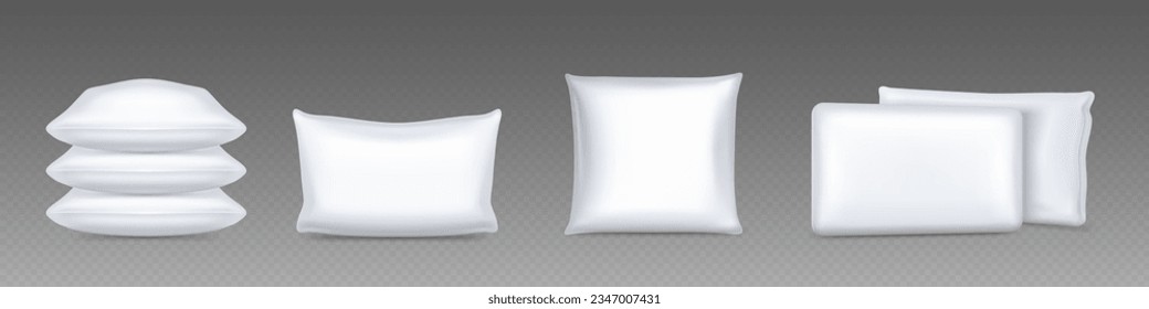 3d white realistic isolated bed cushion vector mockup. Square sofa pillow side and pile view mock up template. Blank rectangular soft and fluffy cotton sleep product for bedroom design advertising