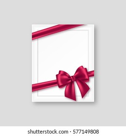 3D white realistic picture frame with purple bow and ribbon. Vector illustration. EPS 10.