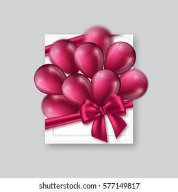 3D white realistic picture frame with purple bow and balloons. Decorative elements for holiday design. Vector illustration. EPS 10.