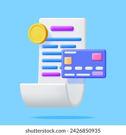 3D White Receipt with Coin and Bank Card Isolated. Render Paper Invoice and Money. Total Bill with Text. Online Shopping, Payment, Checkout, Money Transfer. Cartoon Paper Piece. Vector Illustration