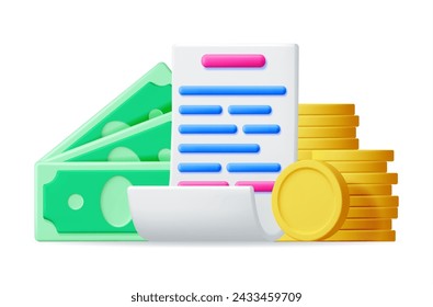 3D-White-Quittung mit Münzen und Banknoten. Papierrechnung und Geld ausgeben. Gesamtstückliste mit Textzeile. Online-Shopping, Zahlung, Kasse, Geldüberweisung. Cartoon-Papierstück. Vektorgrafik