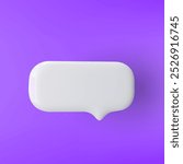 3D white rectangular speech bubble icon on a purple background.