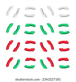 3D White, Red and Green exchange circle arrows set. Vector isometric round moving towards arrow icons isolated on white background. 3D render refresh, reload, recycle design elements for app, web, ad.