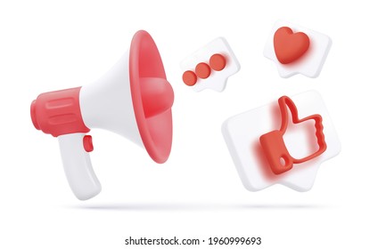 3d white and red megaphone with flying social icons isolated on white background. Concept design for promo banner. Vector illustration