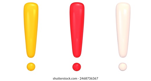 Conjunto de signos de exclamación 3d blanco, rojo y amarillo aislado. Renderizado de Vector 3D de alerta o error. Conjunto de signos de exclamación