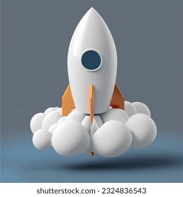 3d white Rocket launch with cloud