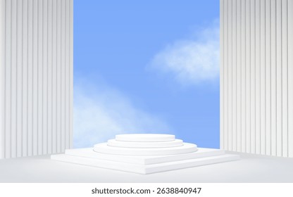 3d white room sky background with podium and column. Product display with platform. Abstract geometric light scene.