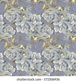 3d white roses seamless pattern. Floral light baroque  background. 3d roses flowers. Vintage decorative antique gold ornaments in Victorian style. Vector ornate modern fabric texture.