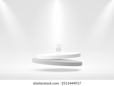 Pódio flutuante redondo branco 3D com plano de fundo brilhante de destaque. Composição abstrata em design minimalista. Pedestal de produto de showroom de exibição de estúdio 3D, vitrine de palco de moda, cena de maquete vetor.