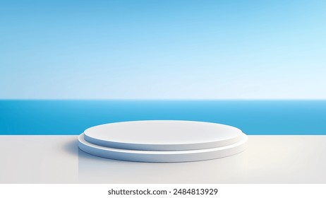 3D White Round Platform with Blue Ocean and Blue Sky Background, Minimal Nature Concept for Product Display and Mockup