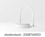 3D white round podium background with arch frame backdrop. Abstract composition in minimalist design. 3D studio display showroom product pedestal, Fashion stage showcase mockup scene. Vector EPS10.
