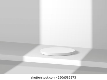 3D weißer runder Podiumhintergrund mit Fensterlicht und Schattenüberlagerung. Abstrakte Komposition minimalistisches Design. 3D-Studio-Display-Showroom Kosmetik-Produkt-Podest, Mode Bühne Showcase Mockup Szene