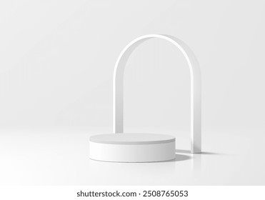 3D white round podium background with arch frame backdrop. Abstract composition in minimalist design. 3D studio display showroom product pedestal, Fashion stage showcase mockup scene. Vector EPS10.