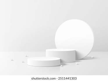 3D white round podium background with ball beads, Circle backdrop. Abstract geometric composition in minimalist design. Studio display showroom product pedestal, Fashion stage showcase mockup scene.