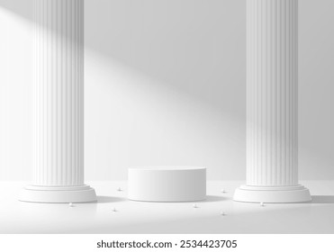 3D white round podium background with white roman pillars. Abstract geometric composition minimalist design. Studio display showroom stands product pedestal, Fashion stage showcase mockup wall scene.