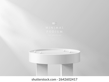 3D white round podium background with natural lighting, shadow on wall. Abstract geometric composition minimalist design. Studio display showroom product pedestal, Fashion stage showcase mockup scene.