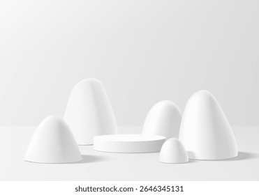 3D white round podium background with many gray stones behind. Abstract geometric composition in minimalist design. 3D studio display showroom product pedestal, Fashion stage showcases mockup scene.