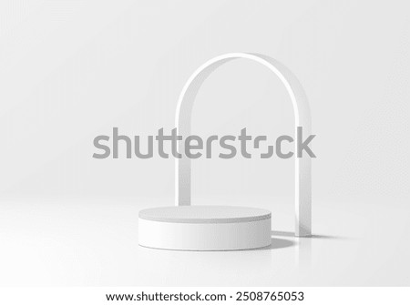 3D white round podium background with arch frame backdrop. Abstract composition in minimalist design. 3D studio display showroom product pedestal, Fashion stage showcase mockup scene. Vector EPS10.