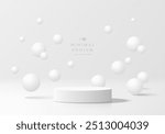 3D white round podium with bouncing white sphere ball background. Abstract geometric composition in minimalist design. 3D studio display showroom product pedestal, Fashion stage showcase mockup scene.