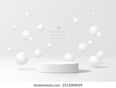 Pódio redondo branco 3D com fundo de esfera branco saltitante. Composição geométrica abstrata em design minimalista. Pedestal de produto de showroom de exibição de estúdio 3D, cena de maquete de vitrine de palco de moda.