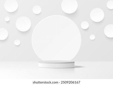 3D white round podium with white papercut circles background. Abstract composition in minimalist design. 3D studio display showroom product pedestal, Fashion stage showcase mockup scene. Vector EPS10.