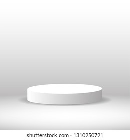 3D white round podium or pedestal on light room studio backdrop abstract white and gray background with copy space