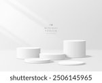 3D white round podium set background with light and shadow. Abstract geometric composition in minimalist design. 3D studio display showroom product pedestal, Fashion stage showcase mockup scene.