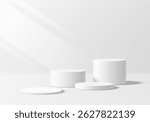 3D white round podium set background with light and shadow. Abstract geometric composition in minimalist design. 3D studio display showroom product pedestal, Fashion stage showcase mockup scene.