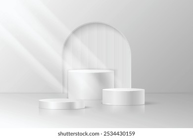 3D white round podium set background with light and shadow. Abstract geometric composition in minimalist design. 3D studio display showroom product pedestal, Fashion stage showcase mock-up scene.